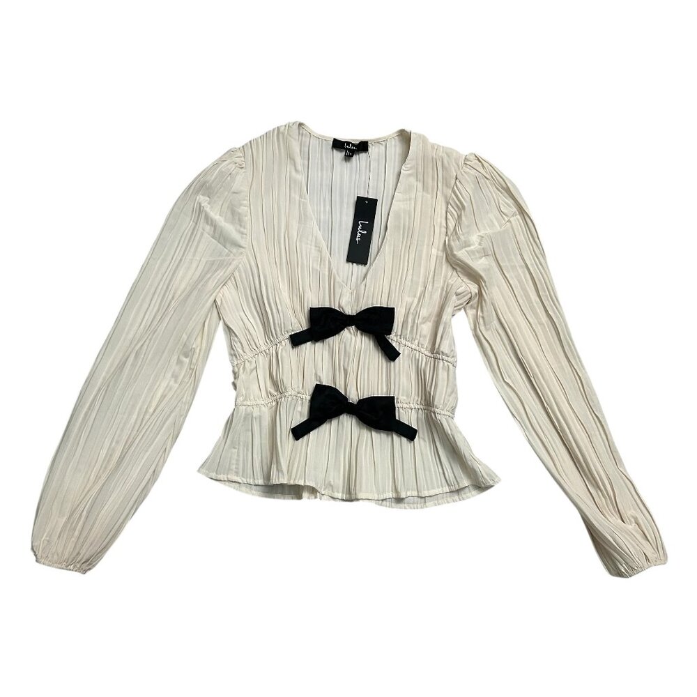 Lulus Women's Size S Cream Black V-Neck Pullover Blouse Long Sleeve Two Bows NWT